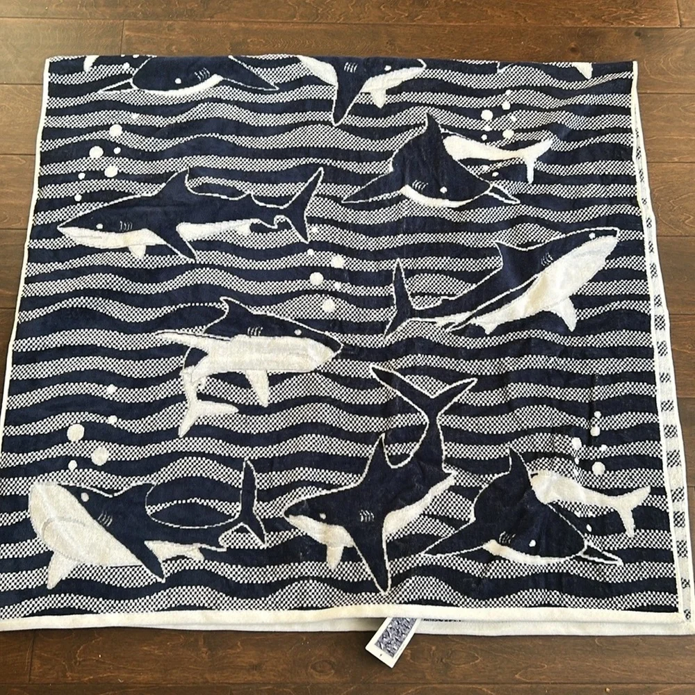 Caro Beach Towel Blue White New Cotton 36”x68” Whales Fishes